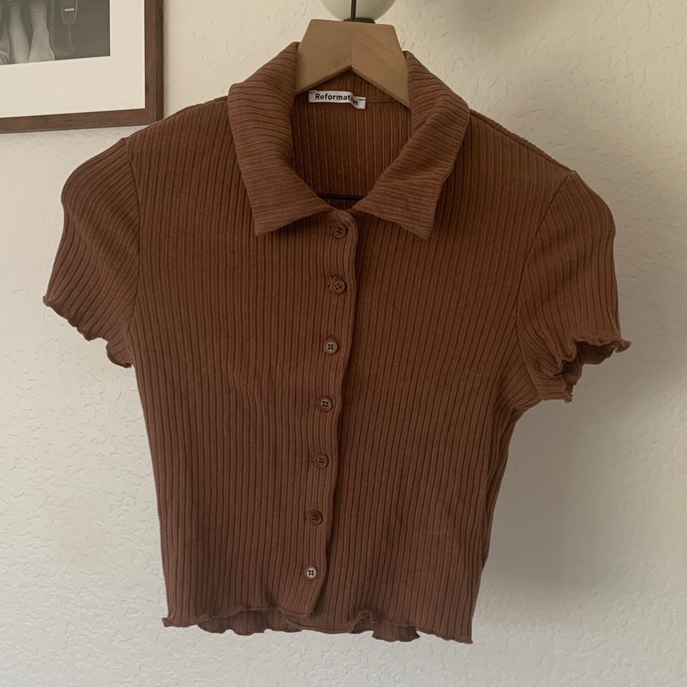 Reformation brown button down crop top
